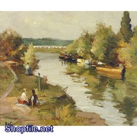 Tranh sơn dầu ngôi làng bên dòng sông